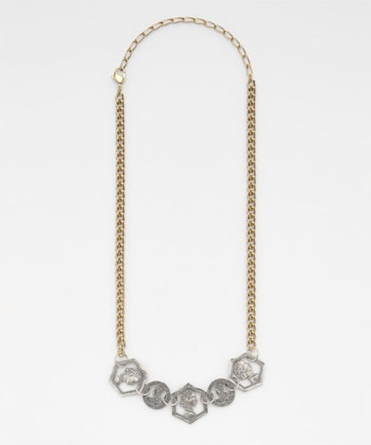 Agete silver coin motif necklace with antique finish and gold plating on adjustable 40-50cm chain