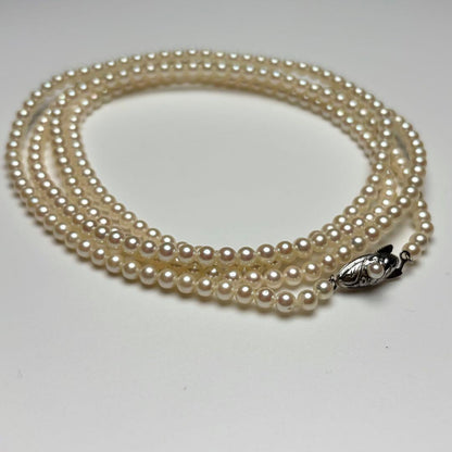 Oyster pearl long necklace 105cm with 2 strands of white Akoya baby pearls and silver clasp