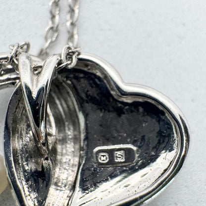 Mikimoto Akoya Pearl single pearl necklace pendant in silver with double heart design on 40 cm chain