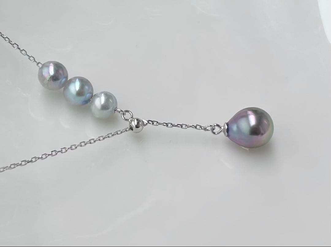 Black Emperor Pearl and Akoya Pearl necklace with s925 silver chain, 45cm length, drop-shaped pearls