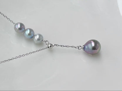 Black Emperor Pearl and Akoya Pearl necklace with s925 silver chain, 45cm length, drop-shaped pearls