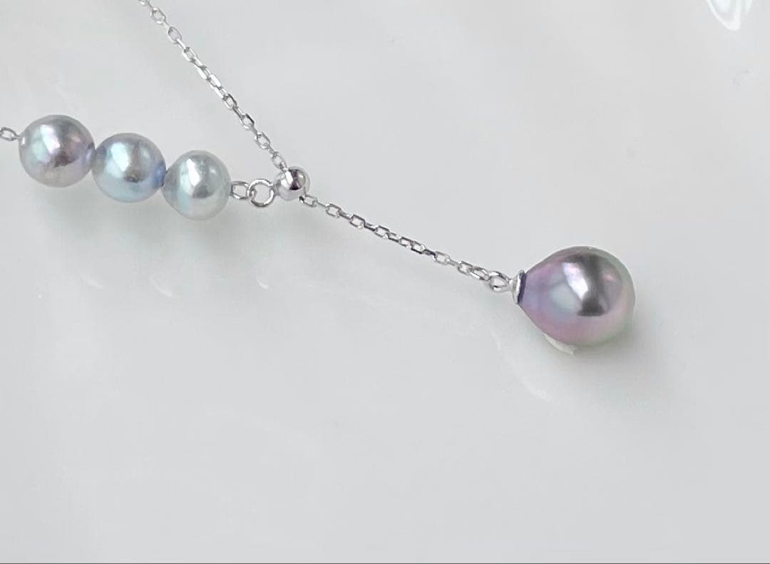 Black Emperor Pearl and Akoya Pearl necklace with s925 silver chain, 45cm length, drop-shaped pearls