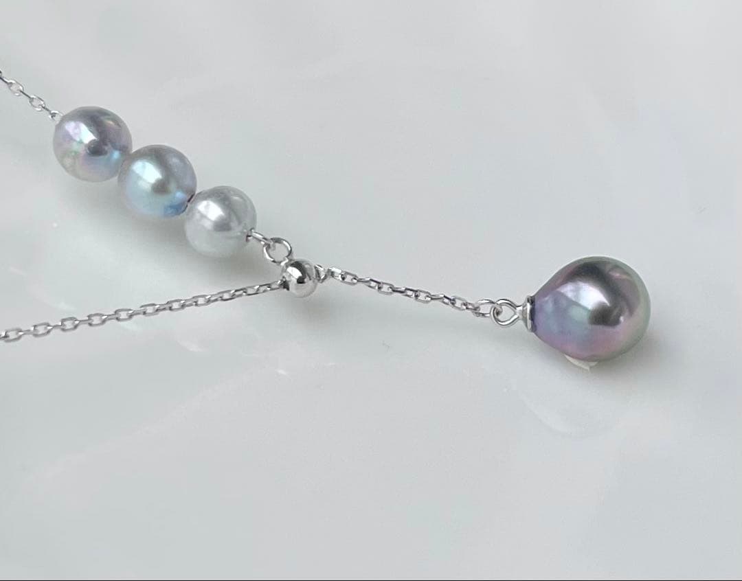 Black Emperor Pearl and Akoya Pearl necklace with s925 silver chain, 45cm length, drop-shaped pearls