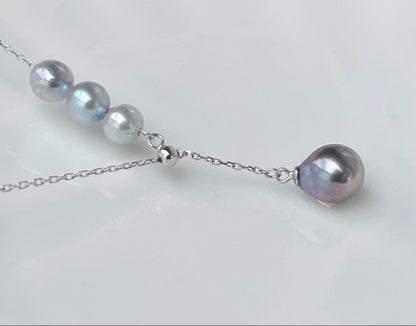 Black Emperor Pearl and Akoya Pearl necklace with s925 silver chain, 45cm length, drop-shaped pearls