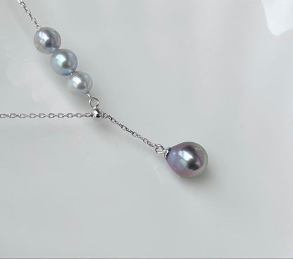 Black Emperor Pearl and Akoya Pearl necklace with s925 silver chain, 45cm length, drop-shaped pearls