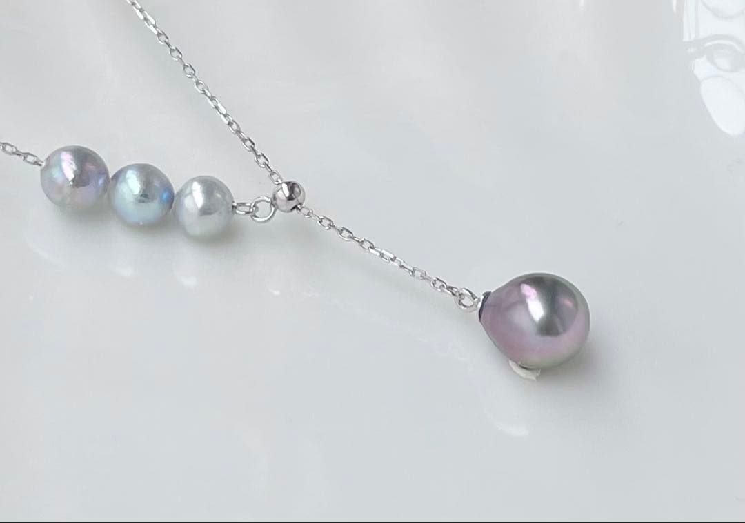 Black Emperor Pearl and Akoya Pearl necklace with s925 silver chain, 45cm length, drop-shaped pearls