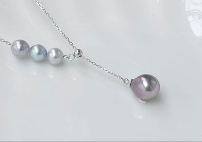 Black Emperor Pearl and Akoya Pearl necklace with s925 silver chain, 45cm length, drop-shaped pearls