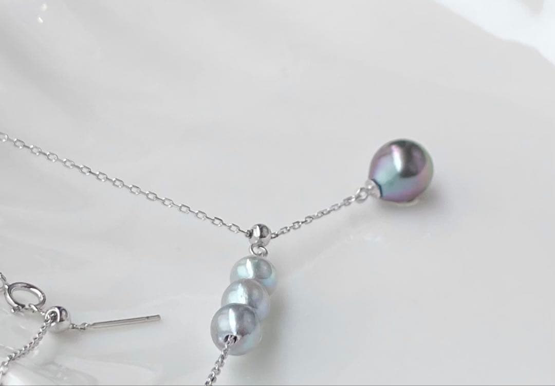 Black Emperor Pearl and Akoya Pearl necklace with s925 silver chain, 45cm length, drop-shaped pearls