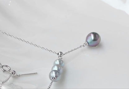 Black Emperor Pearl and Akoya Pearl necklace with s925 silver chain, 45cm length, drop-shaped pearls