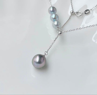 Black Emperor Pearl and Akoya Pearl necklace with s925 silver chain, 45cm length, drop-shaped pearls