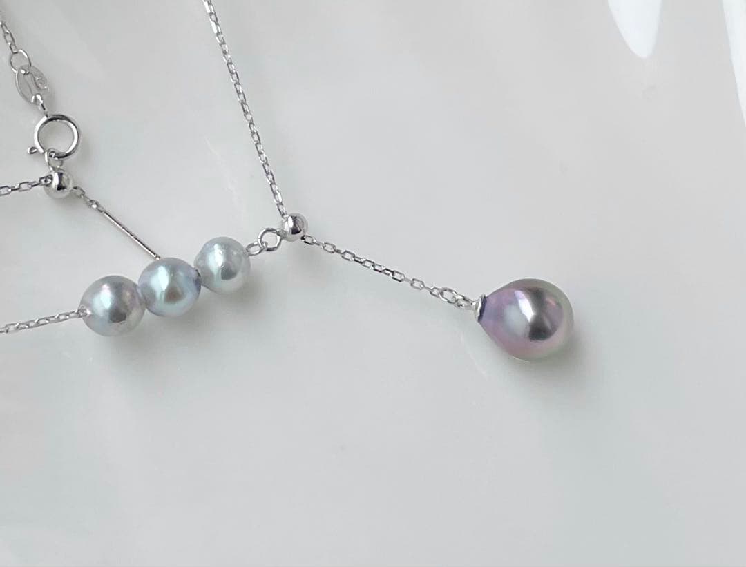 Black Emperor Pearl and Akoya Pearl necklace with s925 silver chain, 45cm length, drop-shaped pearls