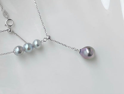 Black Emperor Pearl and Akoya Pearl necklace with s925 silver chain, 45cm length, drop-shaped pearls