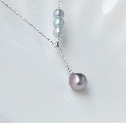 Black Emperor Pearl and Akoya Pearl necklace with s925 silver chain, 45cm length, drop-shaped pearls
