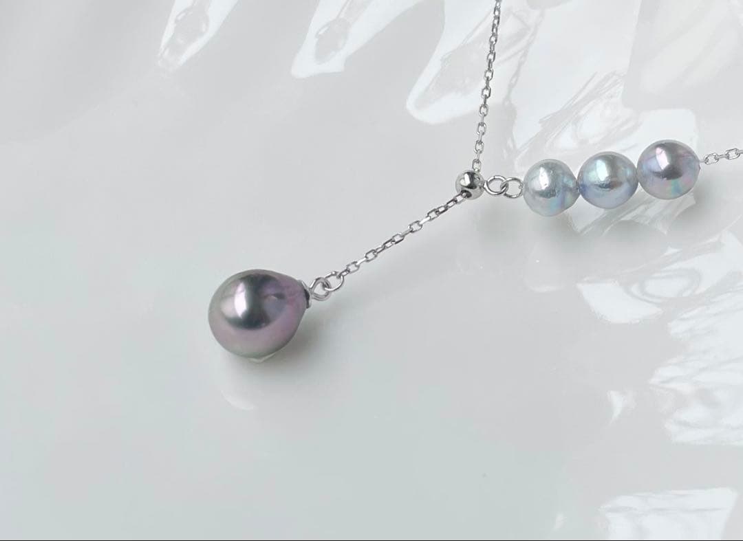 Black Emperor Pearl and Akoya Pearl necklace with s925 silver chain, 45cm length, drop-shaped pearls