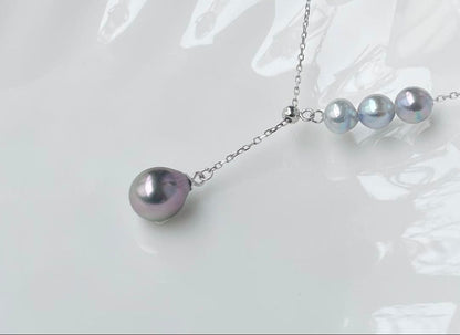 Black Emperor Pearl and Akoya Pearl necklace with s925 silver chain, 45cm length, drop-shaped pearls