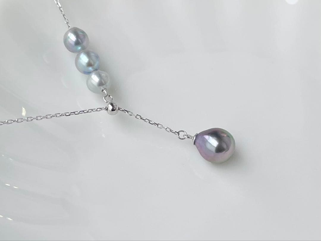 Black Emperor Pearl and Akoya Pearl necklace with s925 silver chain, 45cm length, drop-shaped pearls