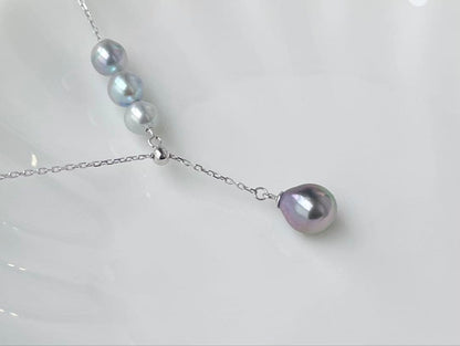 Black Emperor Pearl and Akoya Pearl necklace with s925 silver chain, 45cm length, drop-shaped pearls