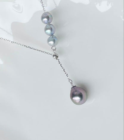 Black Emperor Pearl and Akoya Pearl necklace with s925 silver chain, 45cm length, drop-shaped pearls