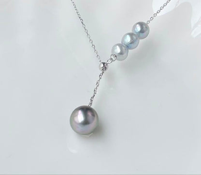 Black Emperor Pearl and Akoya Pearl necklace with s925 silver chain, 45cm length, drop-shaped pearls
