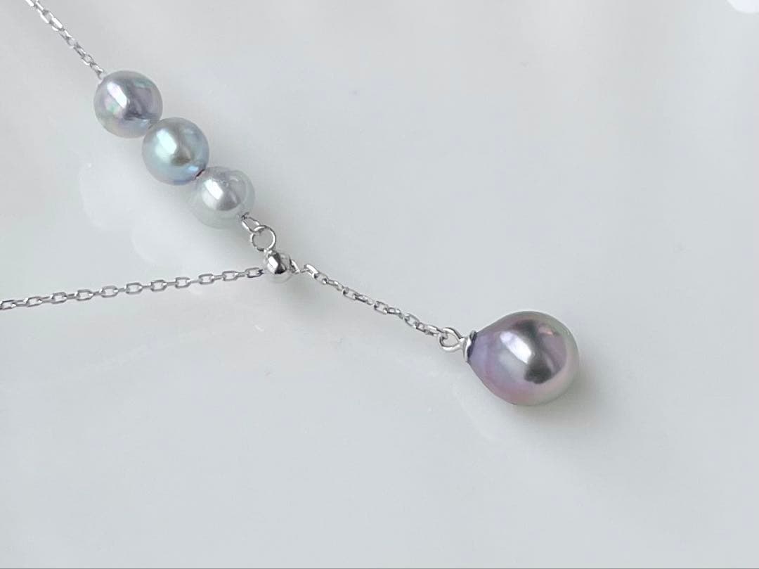 Black Emperor Pearl and Akoya Pearl necklace with s925 silver chain, 45cm length, drop-shaped pearls