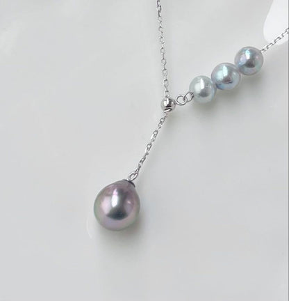 Black Emperor Pearl and Akoya Pearl necklace with s925 silver chain, 45cm length, drop-shaped pearls