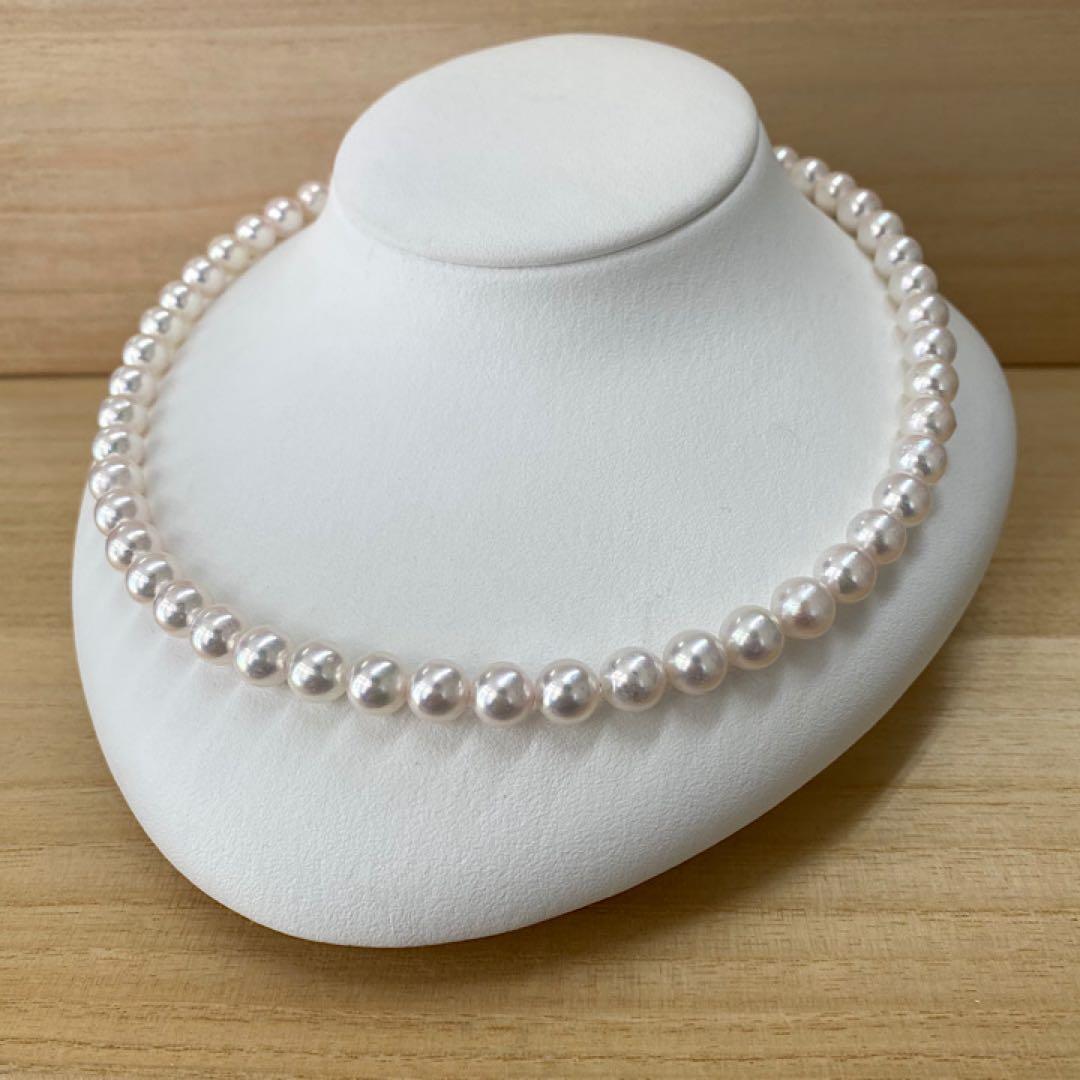 Akoya pearl necklace with 50 iridescent white pearls sized 8.0-8.5mm on silver clasp