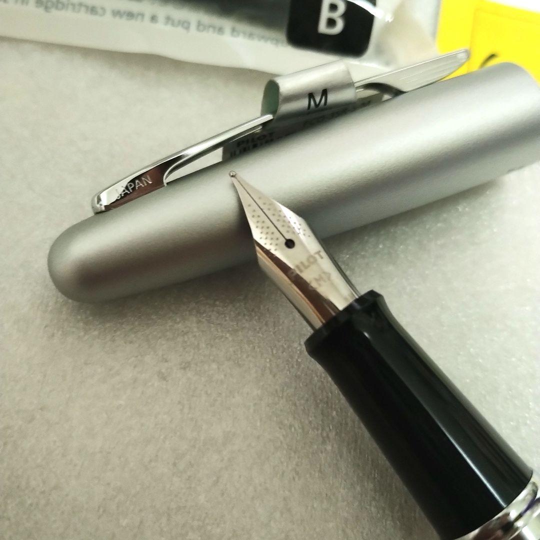 Pilot Kakuna Silver fountain pen with medium nib shown unused with packaging and black ink cartridge