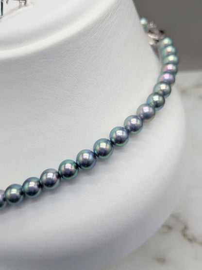 Akoya genuine black pearl necklace and matching earrings set with 7.5 to 8 mm peacock pearls and silver clasps