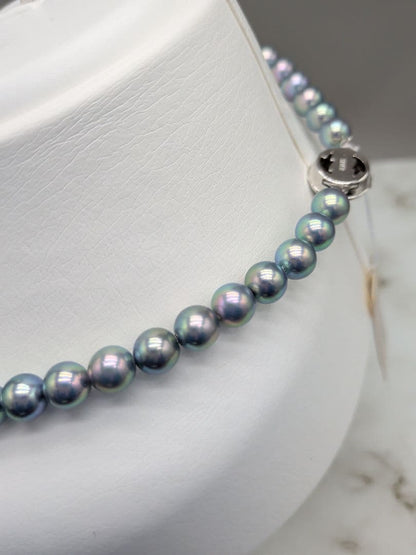 Akoya genuine black pearl necklace and matching earrings set with 7.5 to 8 mm peacock pearls and silver clasps