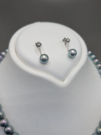 Akoya genuine black pearl necklace and matching earrings set with 7.5 to 8 mm peacock pearls and silver clasps