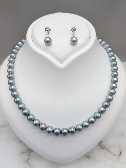 Akoya genuine black pearl necklace and matching earrings set with 7.5 to 8 mm peacock pearls and silver clasps