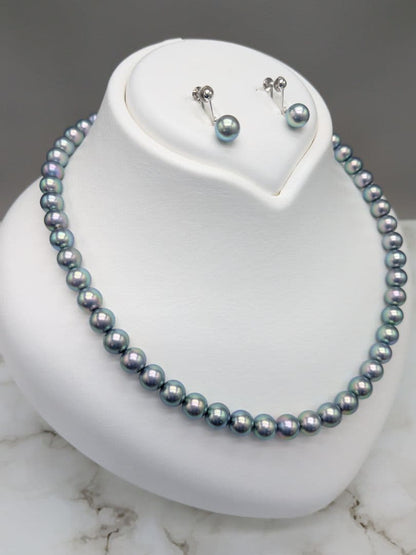 Akoya genuine black pearl necklace and matching earrings set with 7.5 to 8 mm peacock pearls and silver clasps