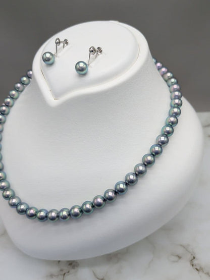 Akoya genuine black pearl necklace and matching earrings set with 7.5 to 8 mm peacock pearls and silver clasps