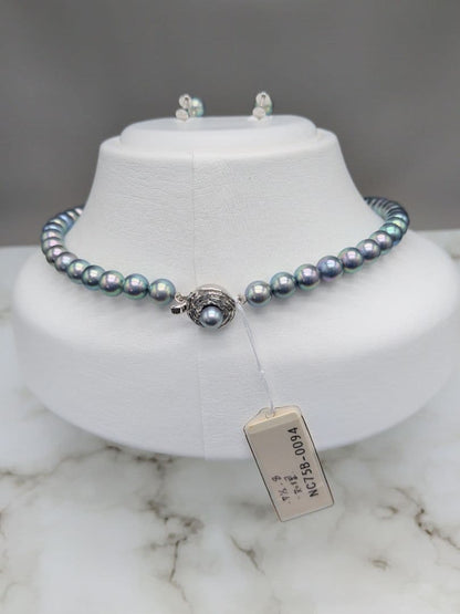 Akoya genuine black pearl necklace and matching earrings set with 7.5 to 8 mm peacock pearls and silver clasps