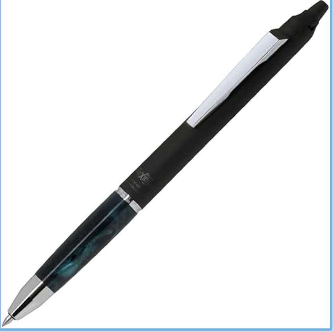 Frixion Ball Knock Zone pen set with click mechanism, 0.5mm tip, black ink, and marble grip in green and brown colors