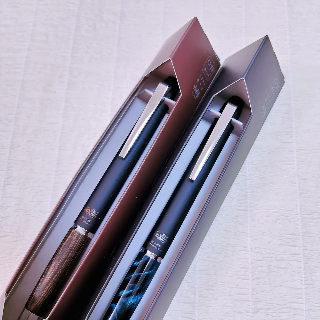Frixion Ball Knock Zone pen set with click mechanism, 0.5mm tip, black ink, and marble grip in green and brown colors