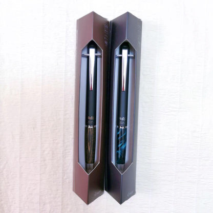 Frixion Ball Knock Zone pen set with click mechanism, 0.5mm tip, black ink, and marble grip in green and brown colors