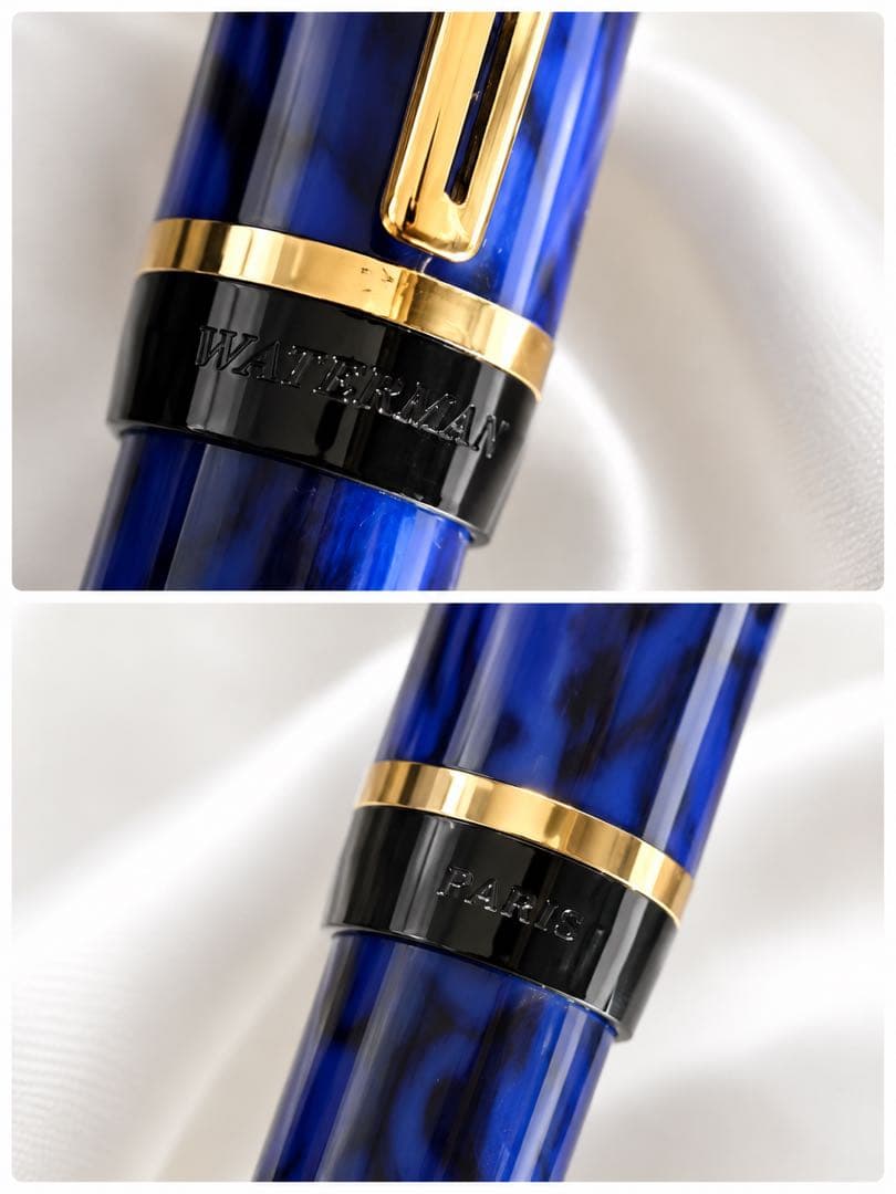 WATERMAN ballpoint pen with deep blue marble body and gold trim shown uncapped with blue ink tip