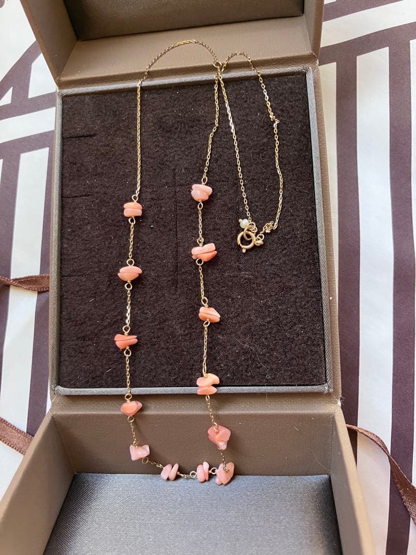Agat K10 Pink Coral Necklace approximately 40cm long with natural pink coral beads on a delicate chain