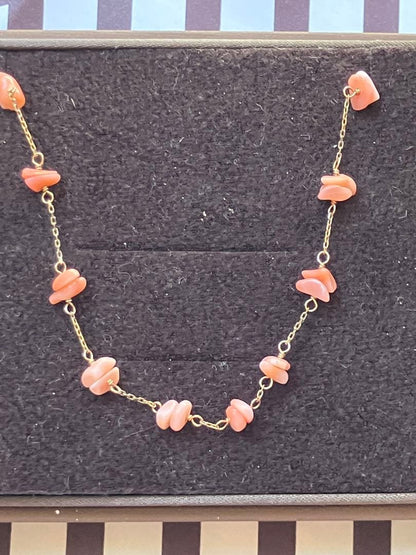 Agat K10 Pink Coral Necklace approximately 40cm long with natural pink coral beads on a delicate chain