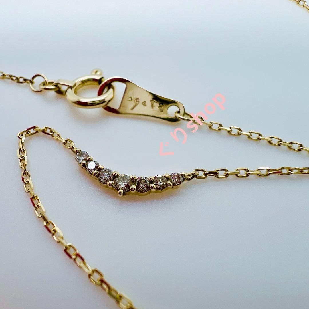 Agete K10 yellow gold necklace featuring 7 diamonds totaling 0.05ct with adjustable 40cm length