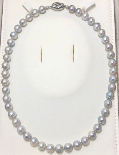 Akoya pearl necklace with light gray semiround pearls 8.5-9 mm and silver push clasp on 44 cm wire