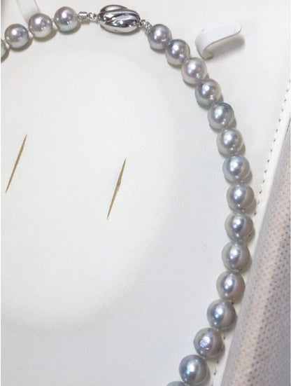 Akoya pearl necklace with light gray semiround pearls 8.5-9 mm and silver push clasp on 44 cm wire