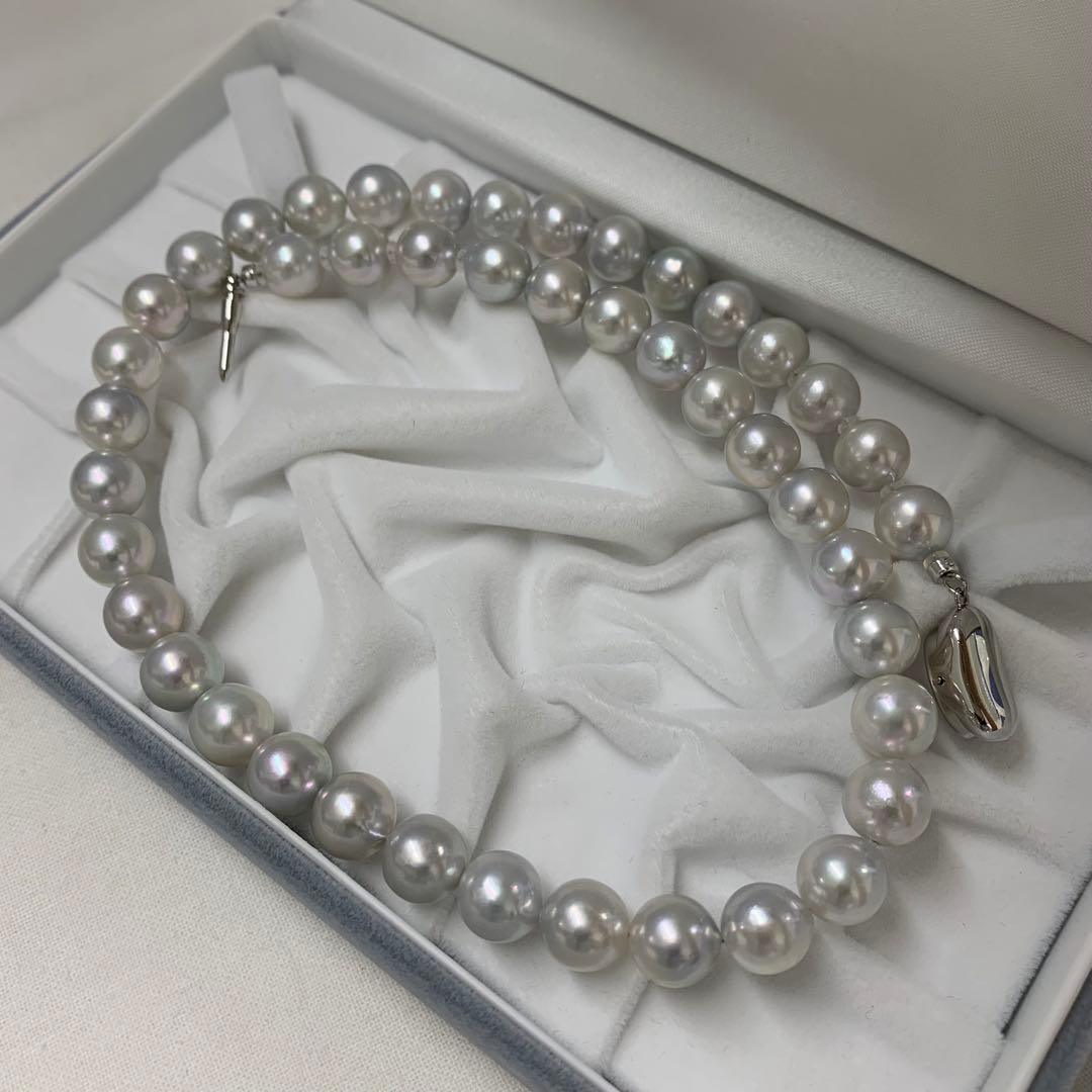 Natural gray Akoya pearl necklace 9-9.5mm with silver clasp on white background