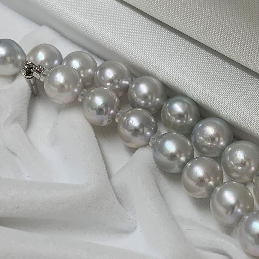 Natural gray Akoya pearl necklace 9-9.5mm with silver clasp on white background
