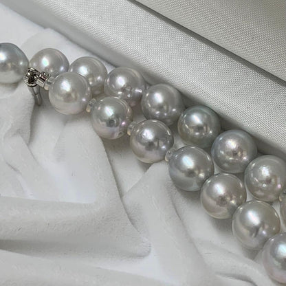 Natural gray Akoya pearl necklace 9-9.5mm with silver clasp on white background