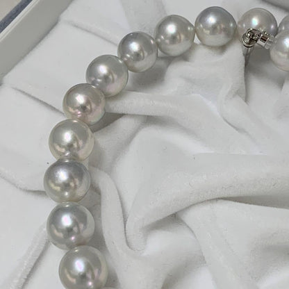 Natural gray Akoya pearl necklace 9-9.5mm with silver clasp on white background