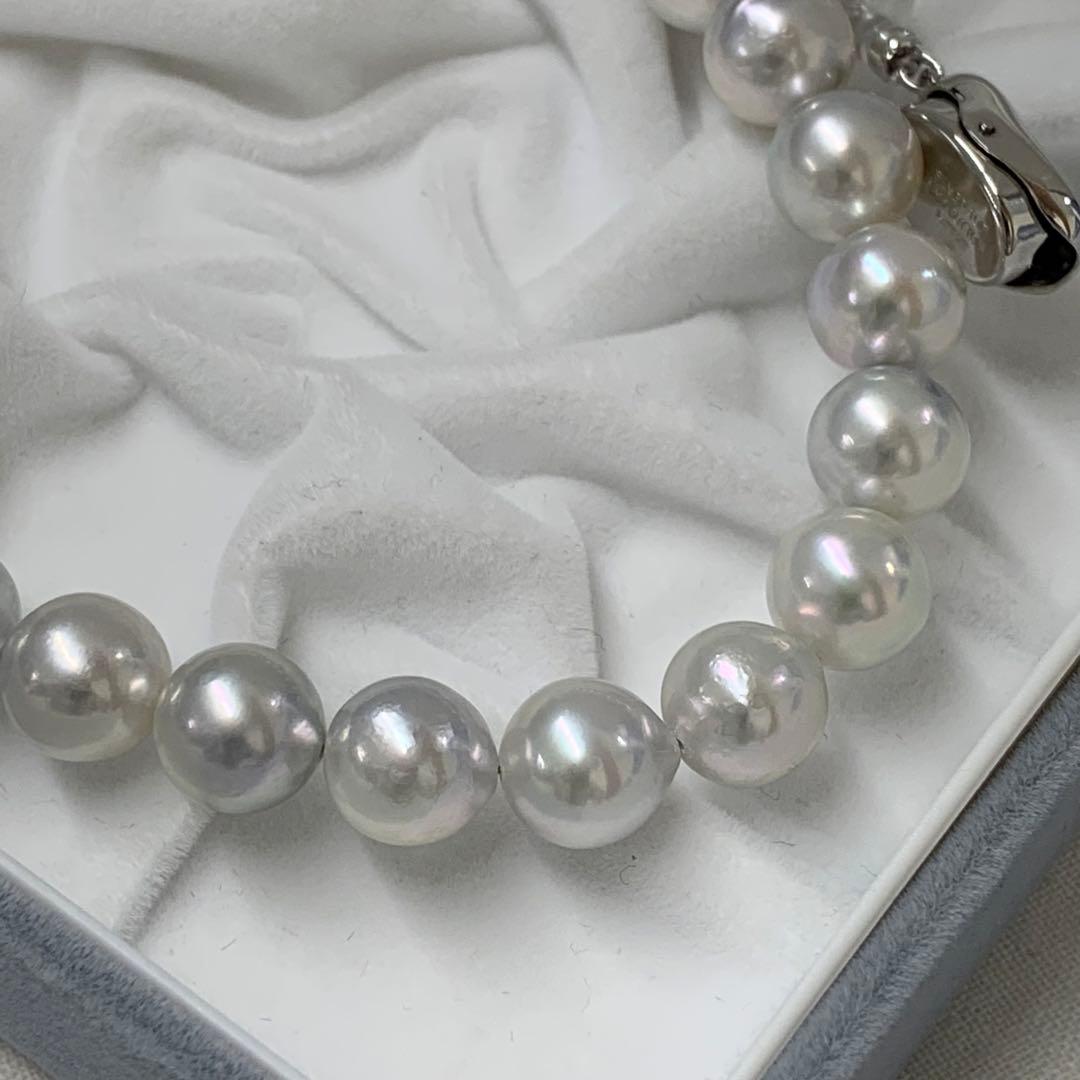 Natural gray Akoya pearl necklace 9-9.5mm with silver clasp on white background