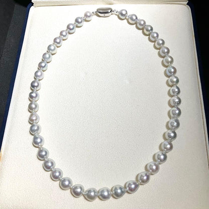 Akoya pearl necklace with blue gray round pearls sized 8.5-9.0mm on a 43 cm string