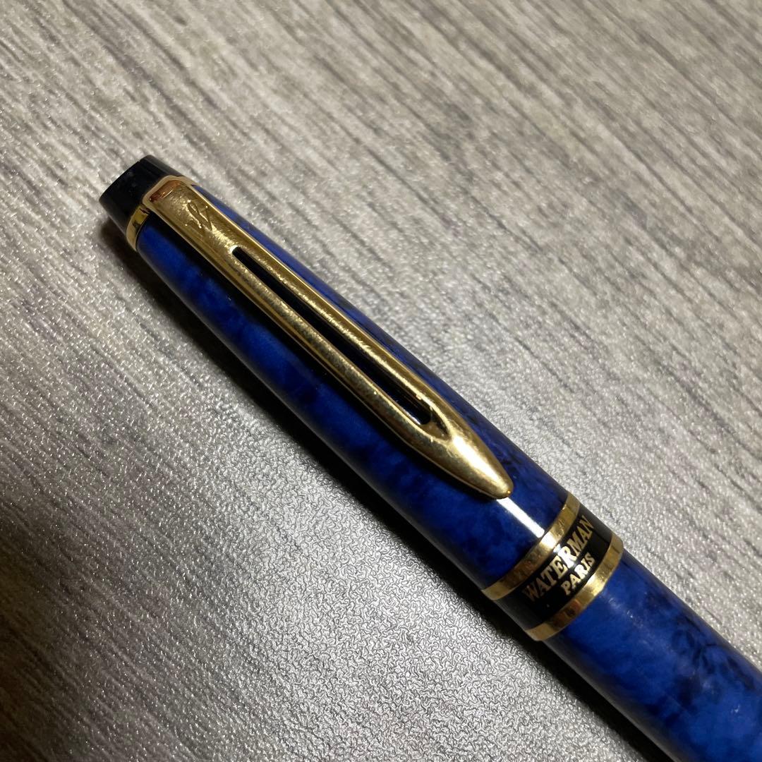 Waterman Blue Marble fountain pen with fine nib, showing blue marbled design and silver accents